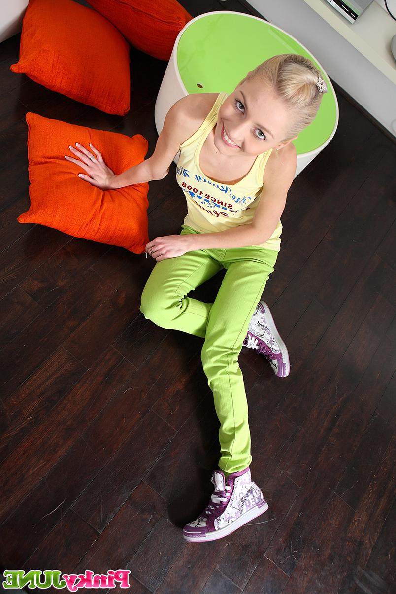 15P Cute blonde Pinky June goes topless in a safe for work manner