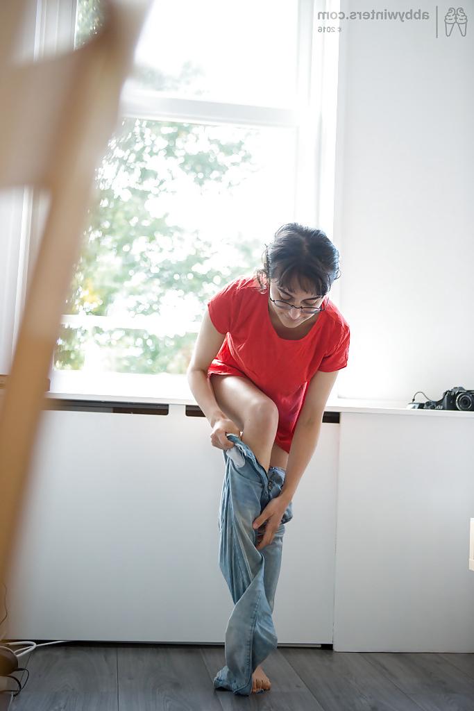 16P Skinny nerd Yasmeena pulling panties and jeans on while getting dressed