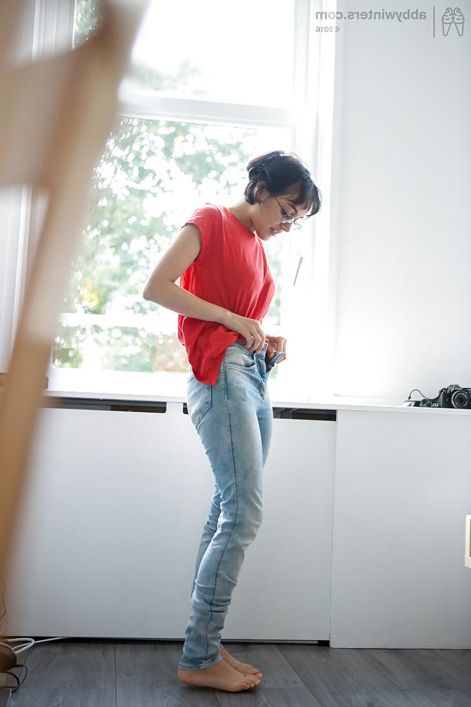 16P Skinny nerd Yasmeena pulling panties and jeans on while getting dressed