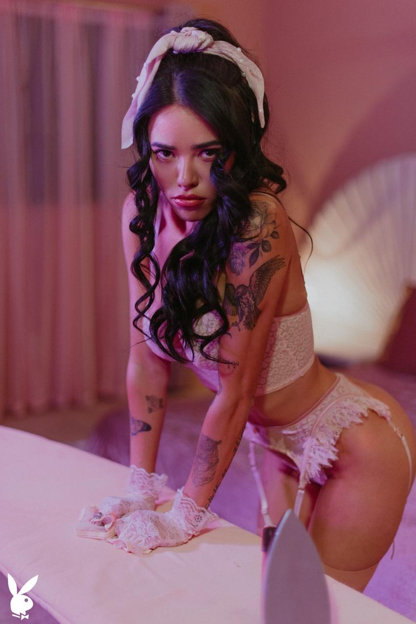 20P Playboy hottie Lily Andrews strips her lingerie before cleaning her bedroom