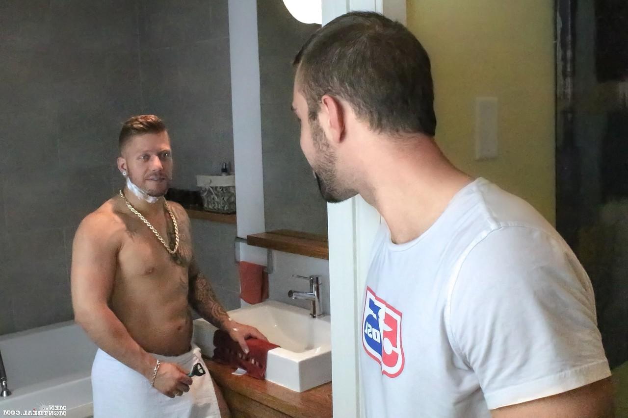 15P Gay brunette Alec Leduc gets his face fucked & booty toyed by inked Mam Steel