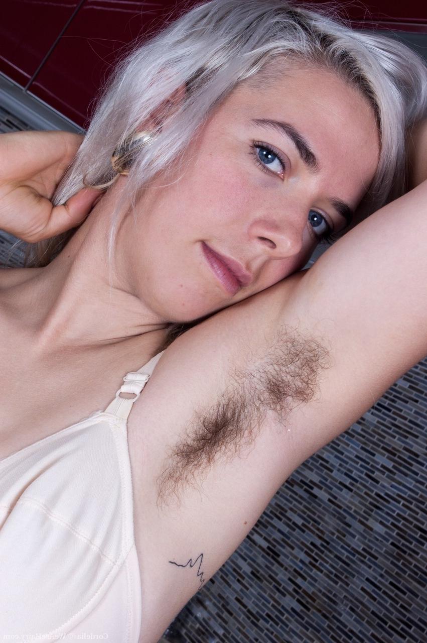 18P Blonde sweetie with tiny tits Cordelia teases with her hairy muff and armpits