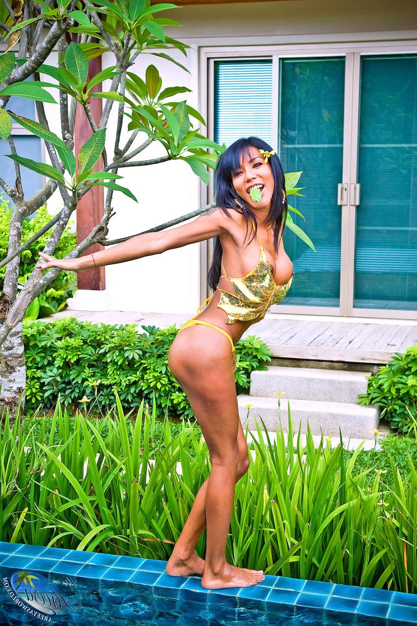 20P A gostosa travesti tailandesa Areeya exibe sua bunda grande de biquíni e se analisa