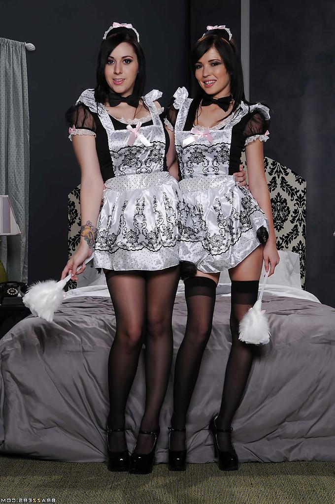 16P Perky brunette maids in stockings uncovering their hot curves