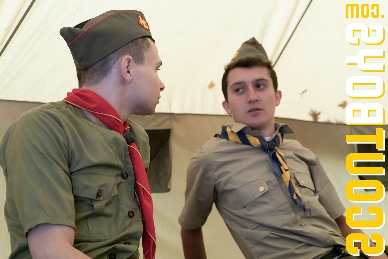 20P 2 horny scout twinks spread their legs for their scoutmaster's dick in a tent
