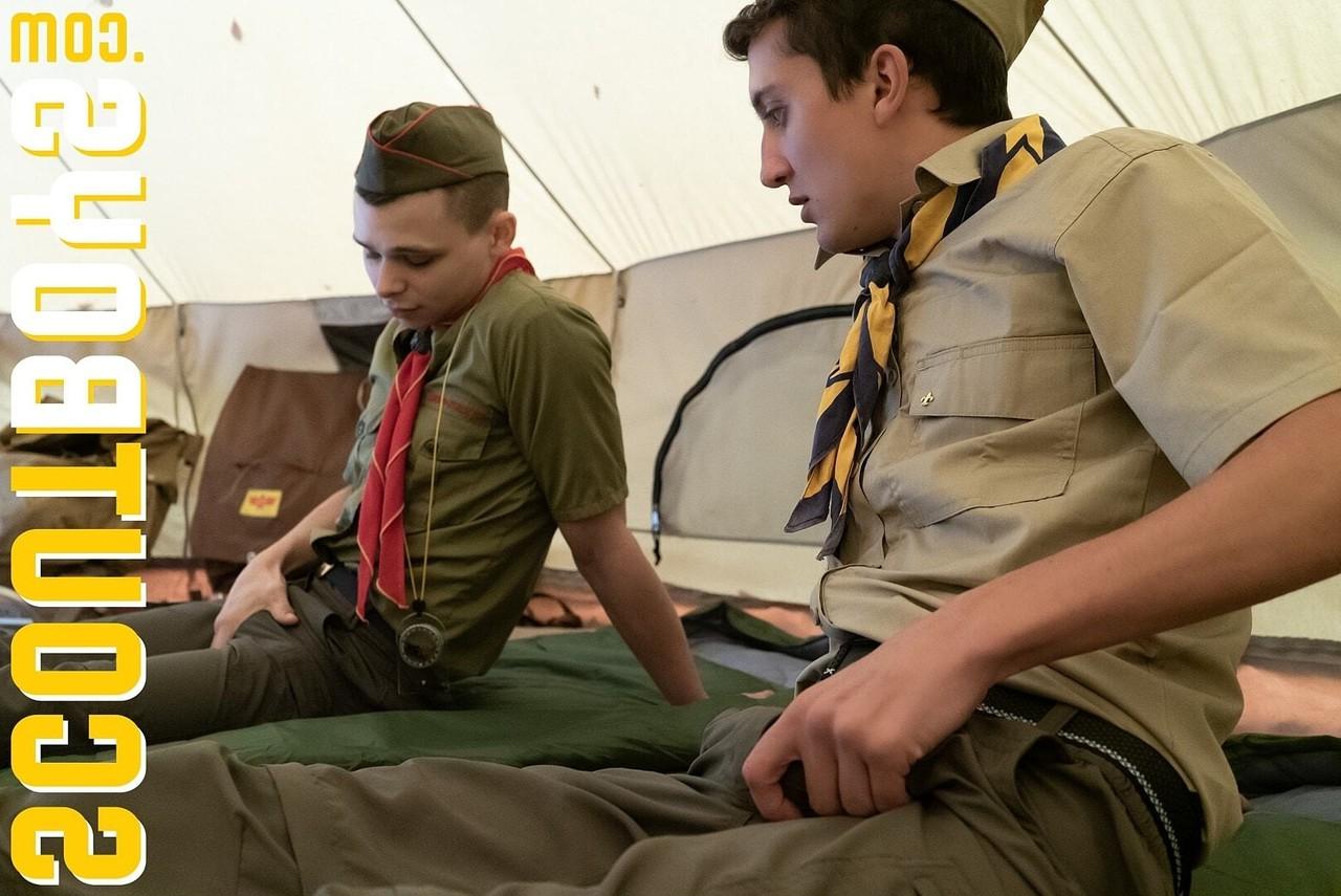 20P 2 horny scout twinks spread their legs for their scoutmaster's dick in a tent