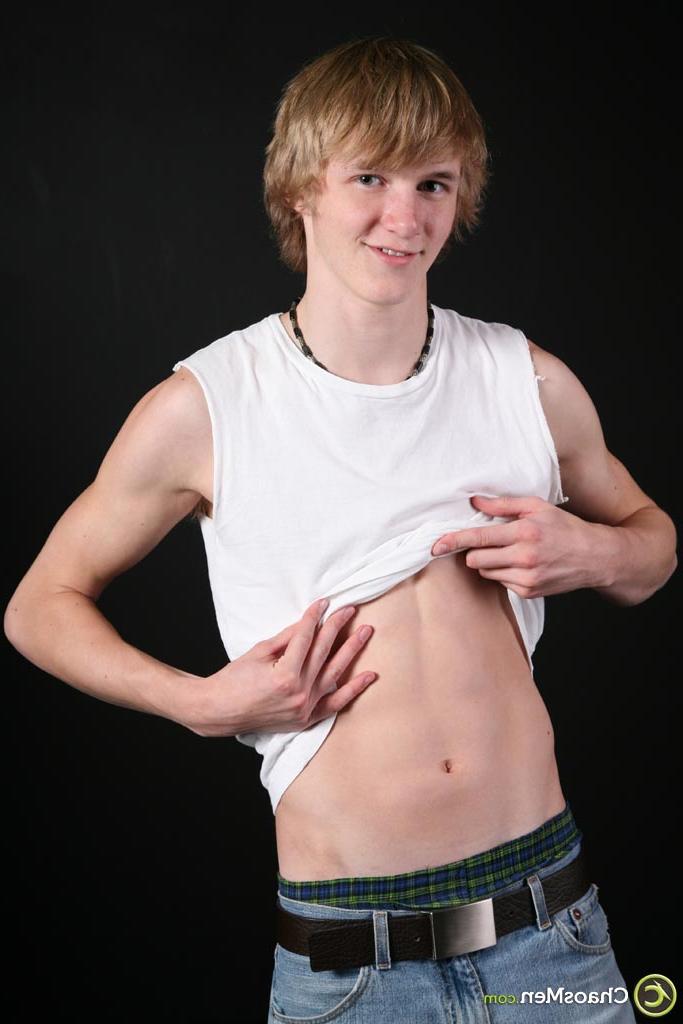 20P Cute blonde twink Stash displaying his skinny body and firm booty in a solo