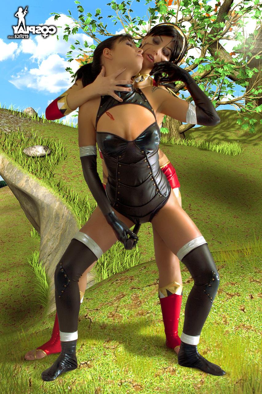 12P Brunette cosplayers engage in lesbian foreplay in an outdoor setting