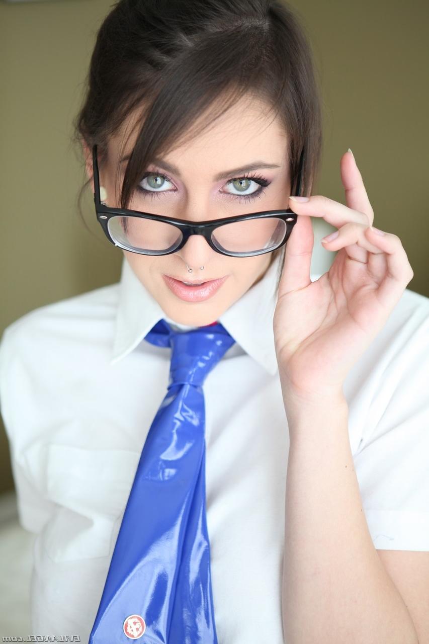 20P Nerdy coed Luna Kitsuen with pierced nipples gives principal blowjob
