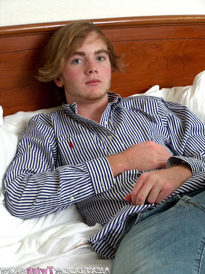 20P Blonde twink Elliot strips and strokes hi hard cock before falling asleep
