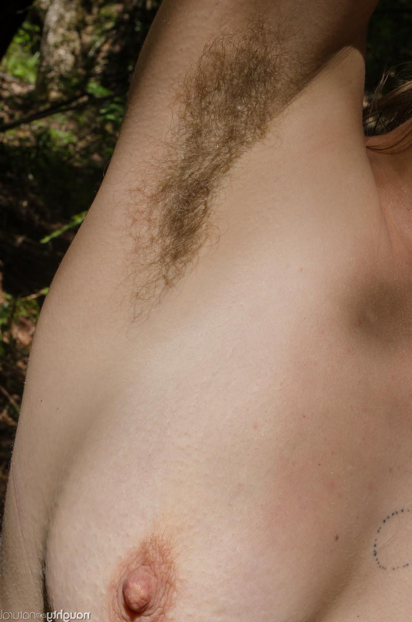 20P Babe with hairy armpits Cookie shows her chubby body and bush in the woods