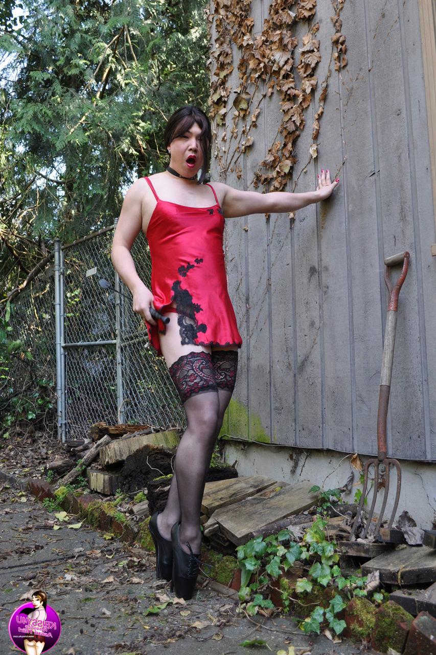 16P Dark-haired Asian tranny Krissy fondles her dick in lacy stockings outdoors