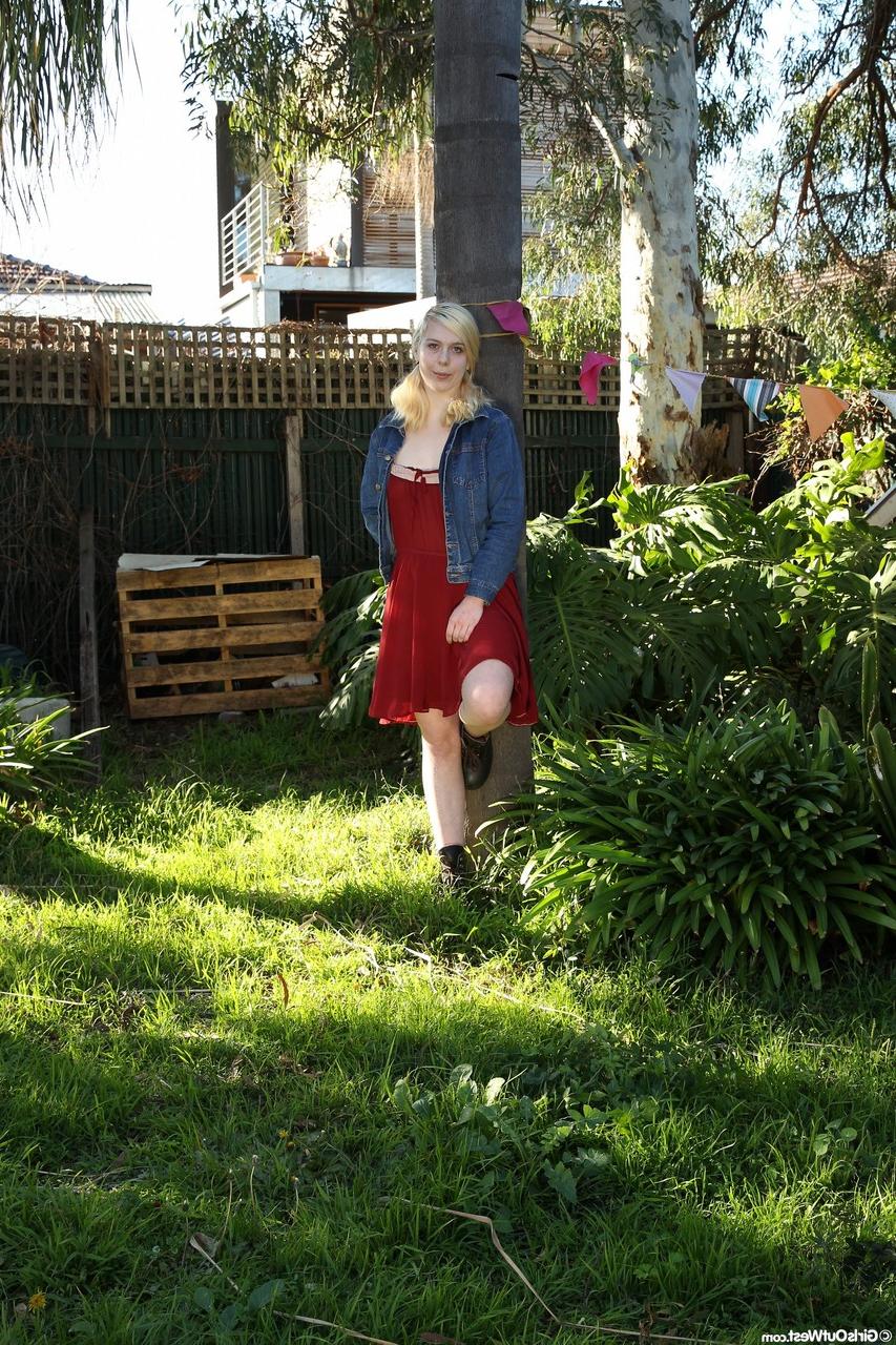 18P Blonde chick with small tits Mae displays her bushy snatch outdoors
