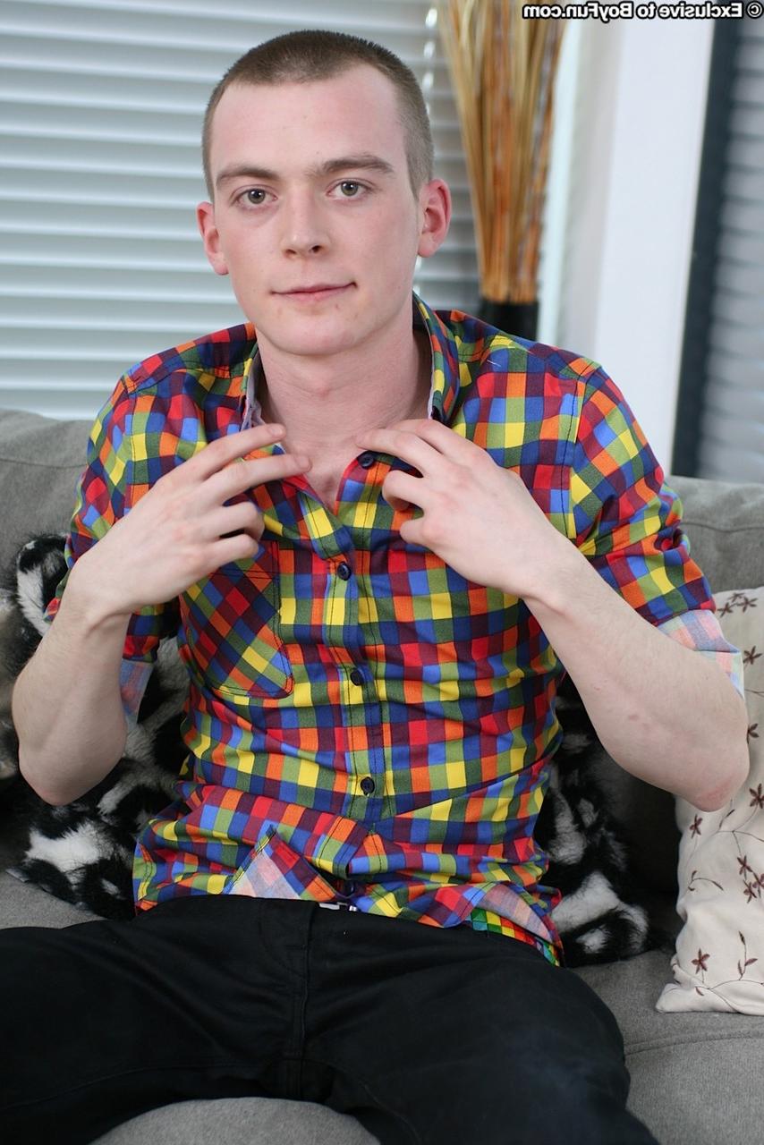 20P Short haired gay twink Mykee Price undresses and strokes his dick