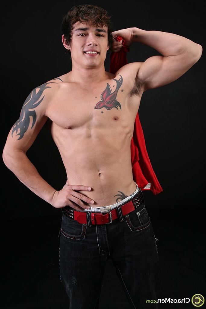 20P Cute brunette twink Jagger unveiling his tattooed body and hard boner