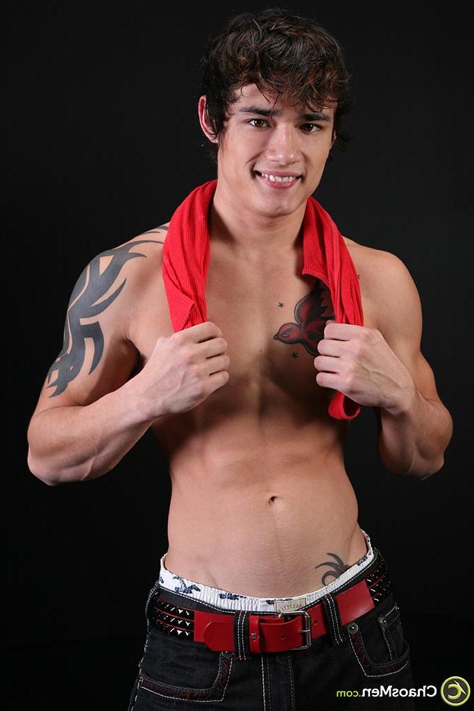 20P Cute brunette twink Jagger unveiling his tattooed body and hard boner