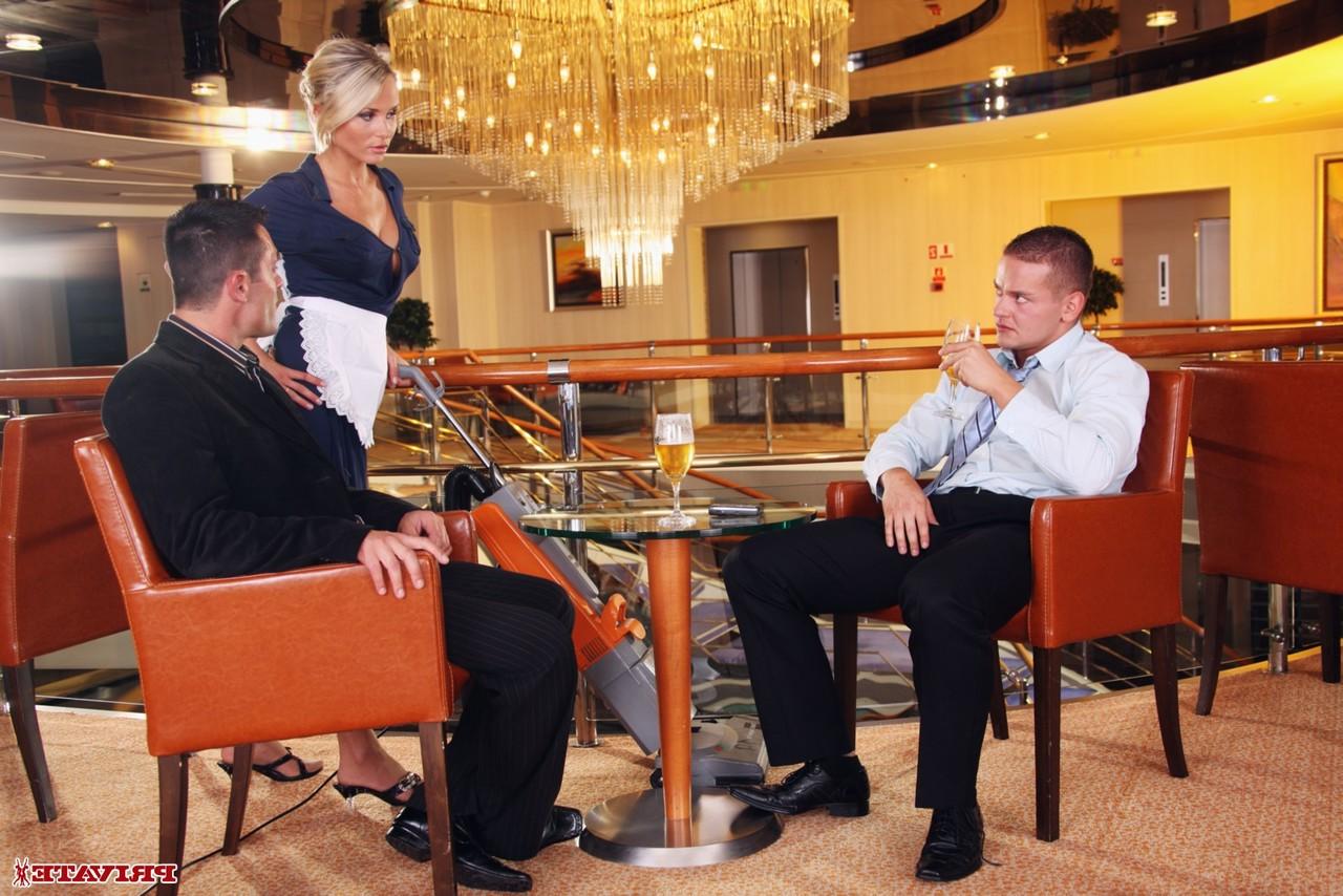 20P Naughty housekeeper Laura Crystal enjoys an FMM 3some at the restaurant