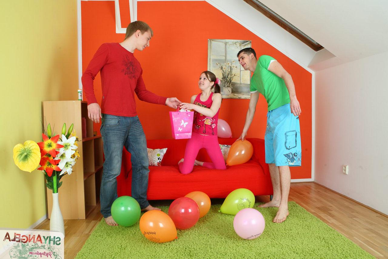 16P Young looking girl blows up balloons before having sex with two boys at once