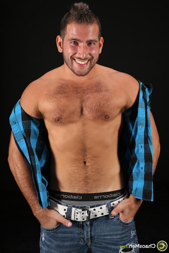 20P Charming twink Armani strips and shows his hairy chest, round ass & hard dick