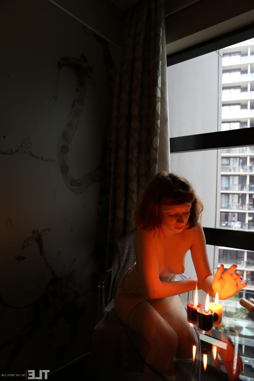 20P Teen with small natural tits Sondrine strips & plays with her hairy pussy