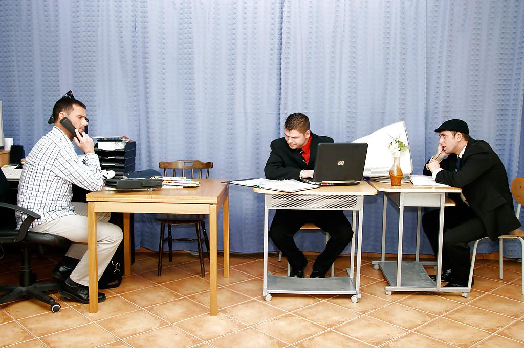 16P Lewd office slut in glasses serves three boners and gets facialized
