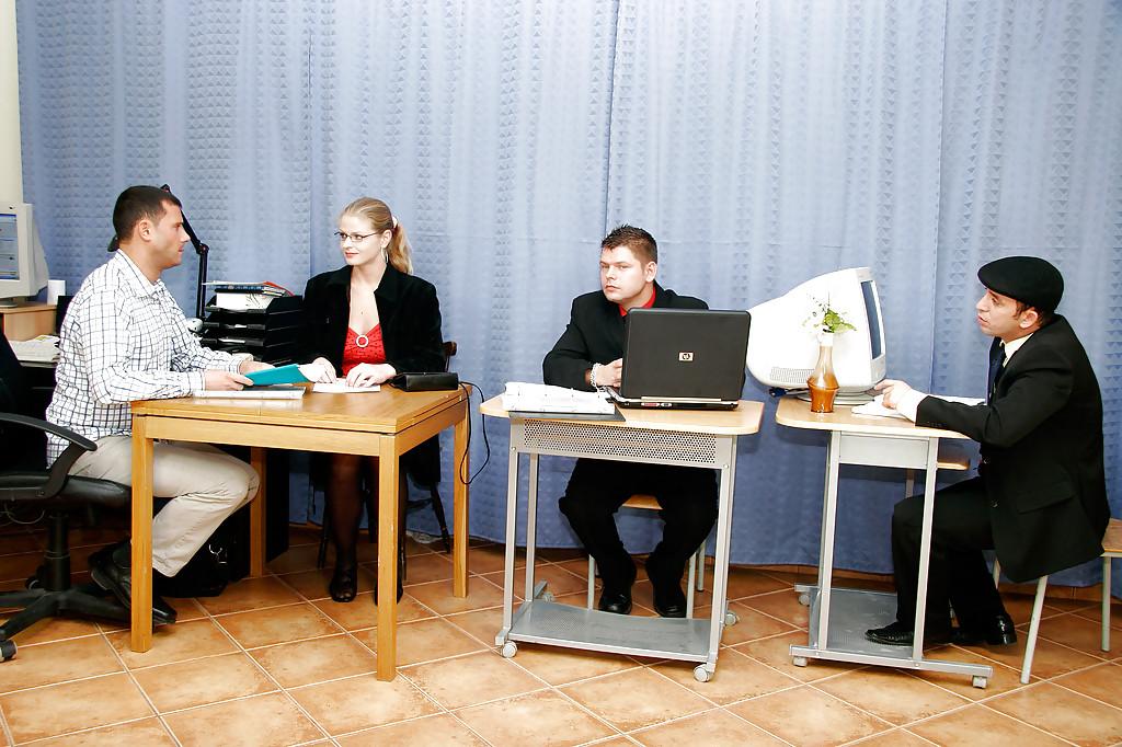 16P Lewd office slut in glasses serves three boners and gets facialized