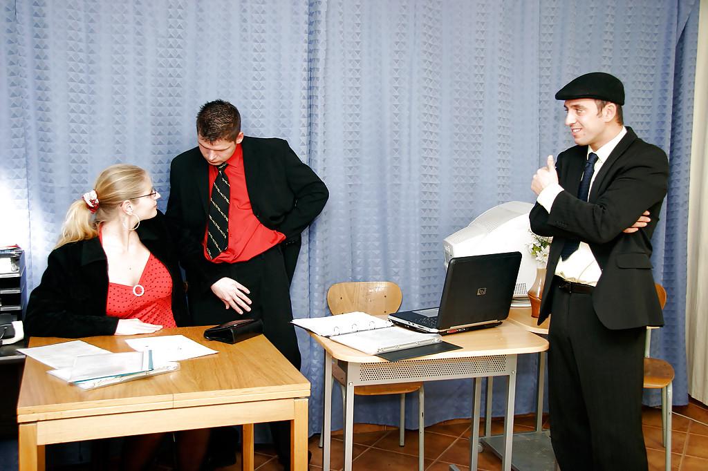 16P Lewd office slut in glasses serves three boners and gets facialized