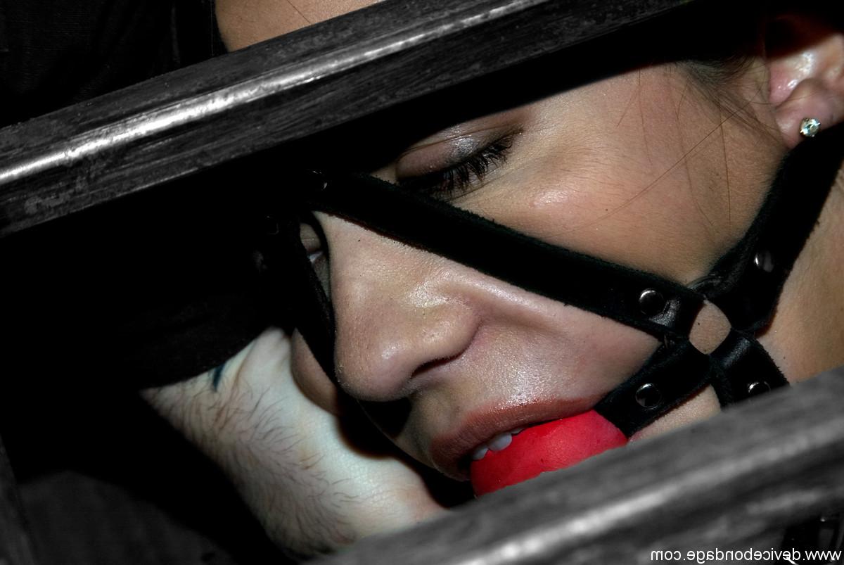 20P Caged and ball-gagged American MILF Trina Michaels gets toyed by her master