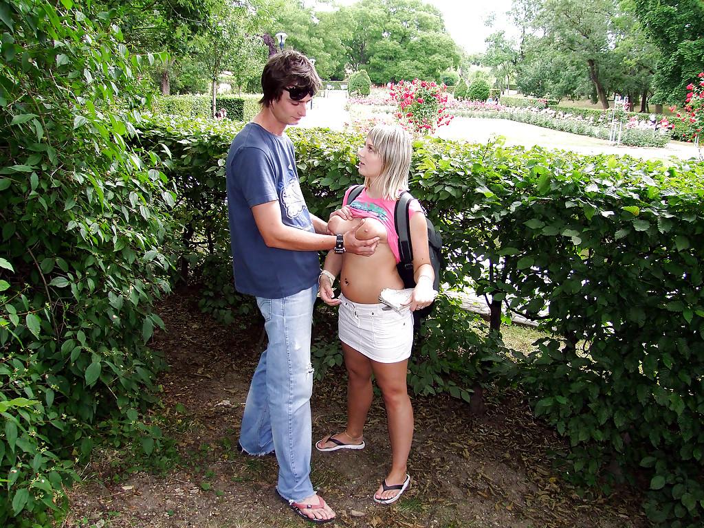 16P Slutty babe with massive boobs gives a blowjob and gets fucked outdoor