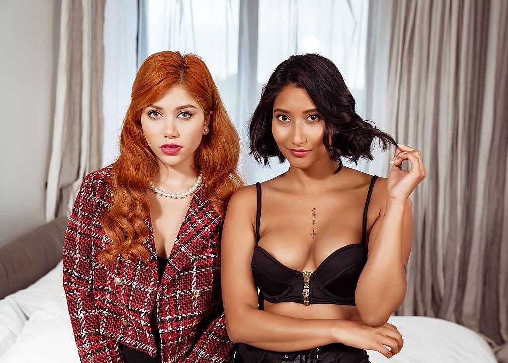 15P Alika Penagos & Marina Gold partake in lesbian sex on a bed