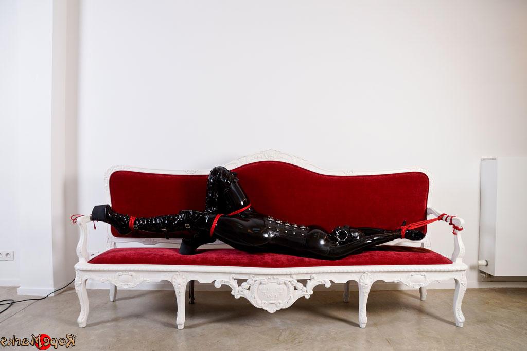 16P Natural redhead finds herself tied up while wearing head to toe latex clothing