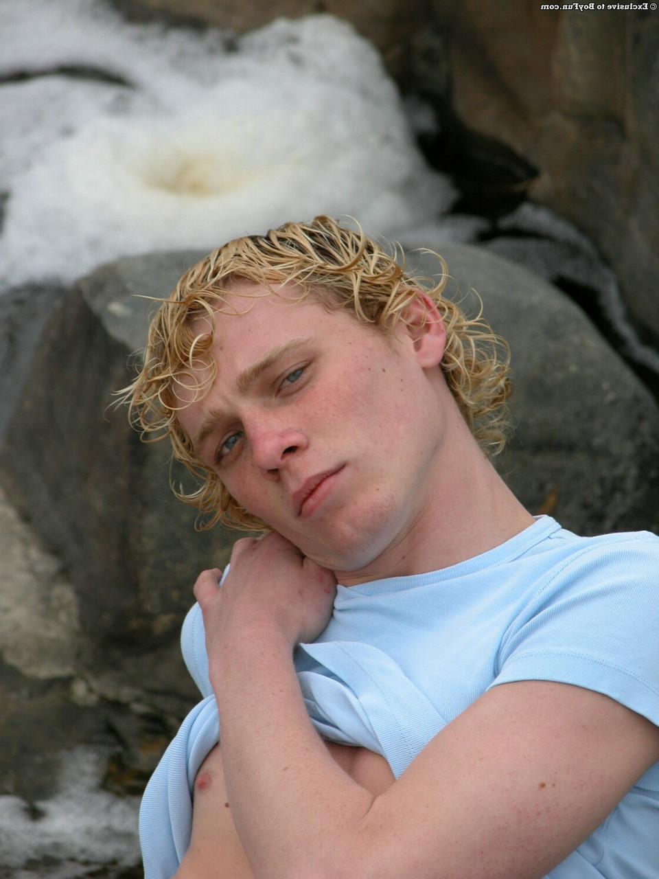 20P Golden-haired gay hottie Jarrod stripping naked and jerking off by the river