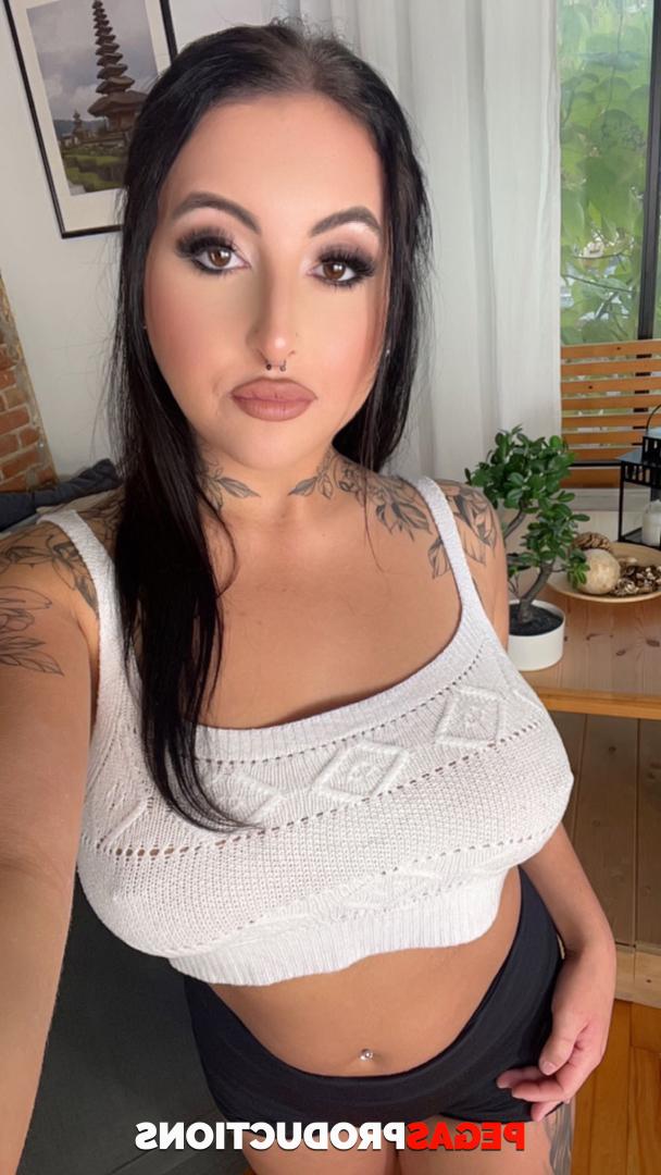 20P Sexy inked MILFs with big tits Sky Fox and Eva Rose pose naked on a couch