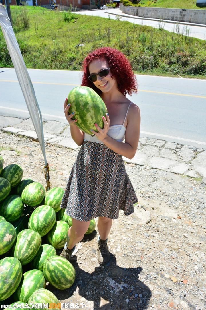 20P Ball licking redhead Latina enjoys some melon & fresh cum with her big cock