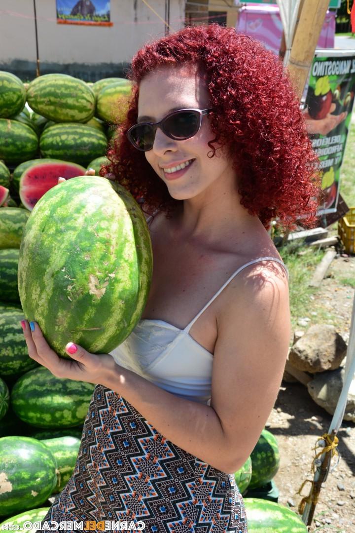 20P Ball licking redhead Latina enjoys some melon & fresh cum with her big cock