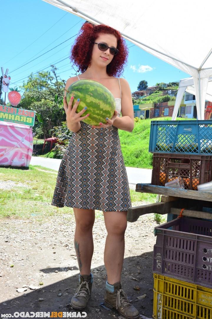 20P Ball licking redhead Latina enjoys some melon & fresh cum with her big cock
