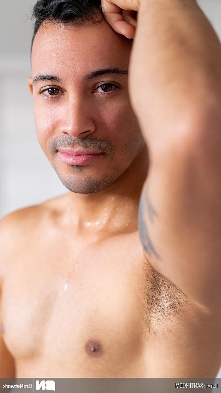 20P Adorable Cuban twink Santi Boom strips and wanks his huge dick in the bathtub