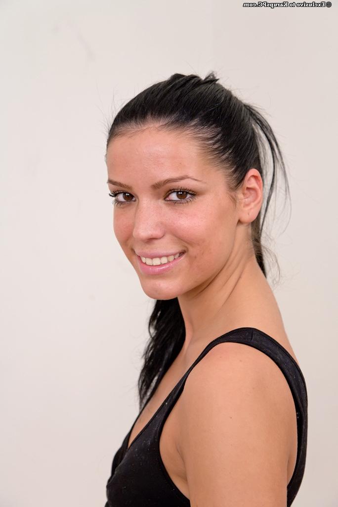 16P Smiley brunette fox undressing and exposing her shaved gash in close up