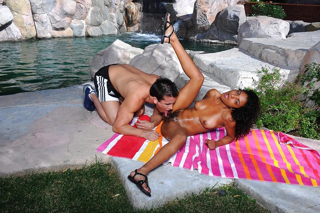 16P Asian first timer Neela Sky stuffing hairy snatch with dick on blanket outside
