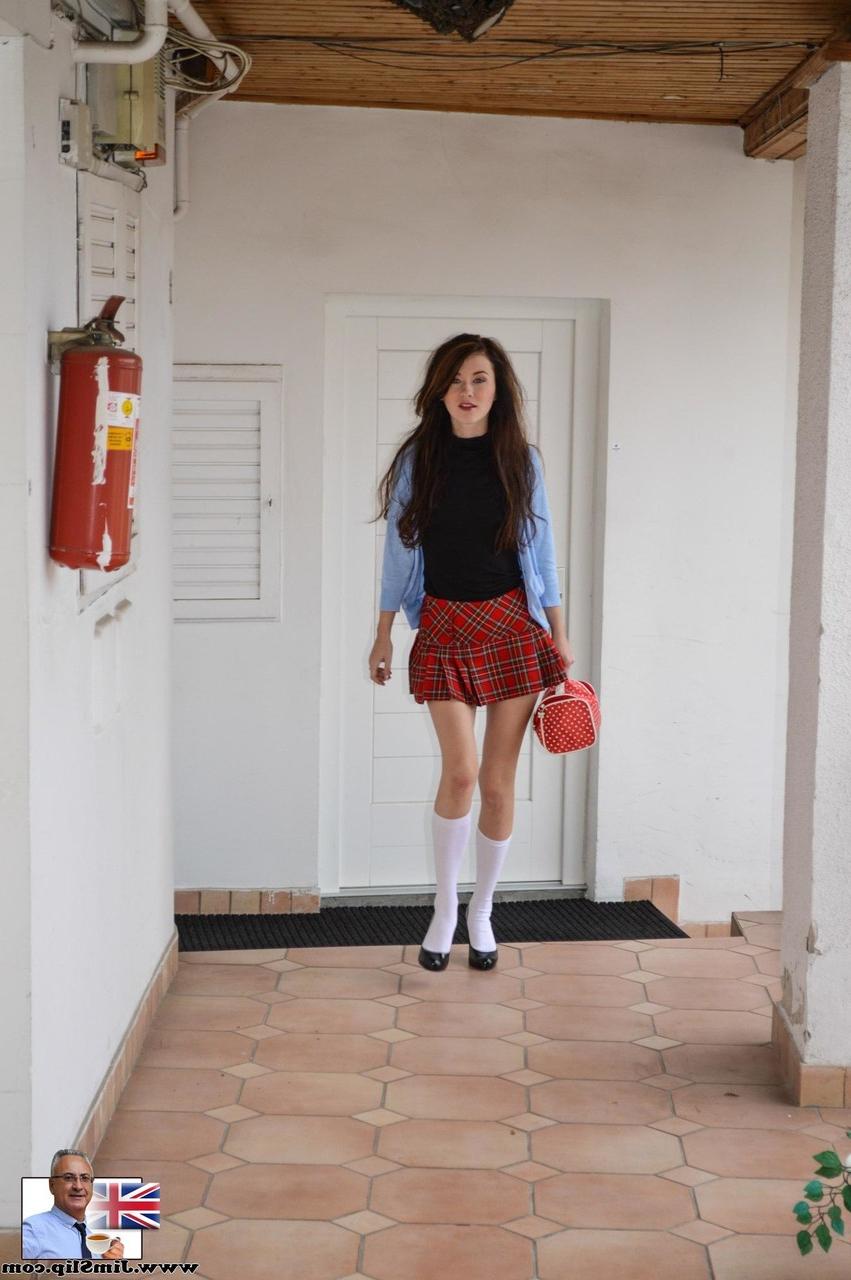 18P Schoolgirl smokes a cigarette prior to showing an old man her tight pussy