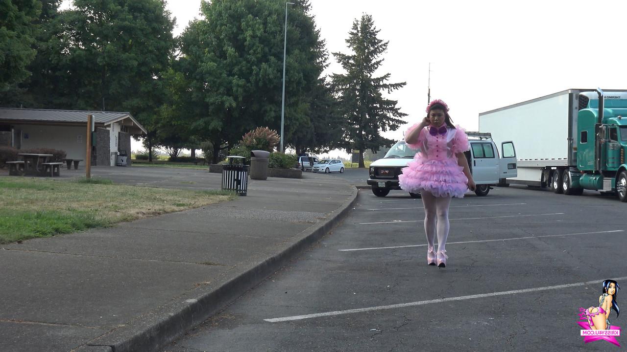 16P Slutty Asian sissy Krissy masturbating in her short skirt, stockings & heels