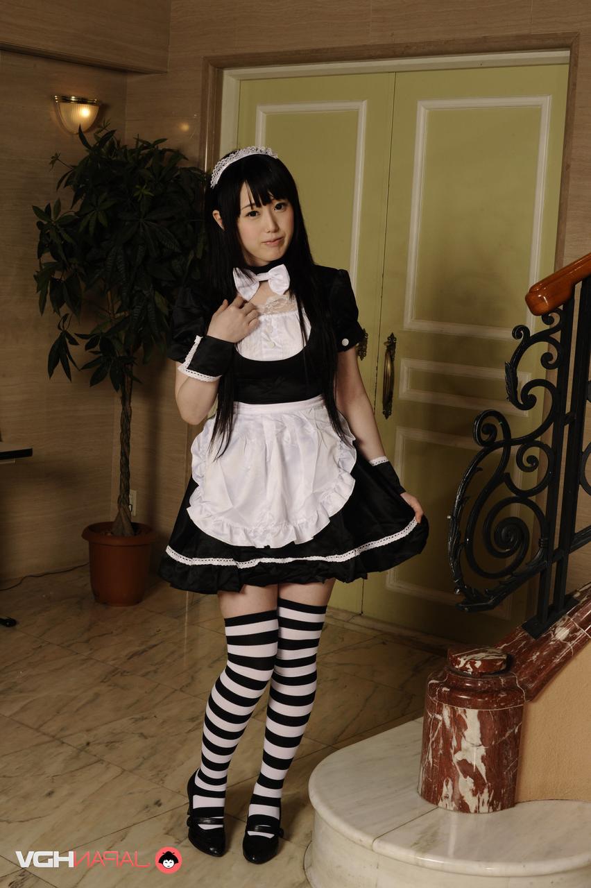 15P Adorable Japanese maid Machiko Ono shows her tight slit while at work
