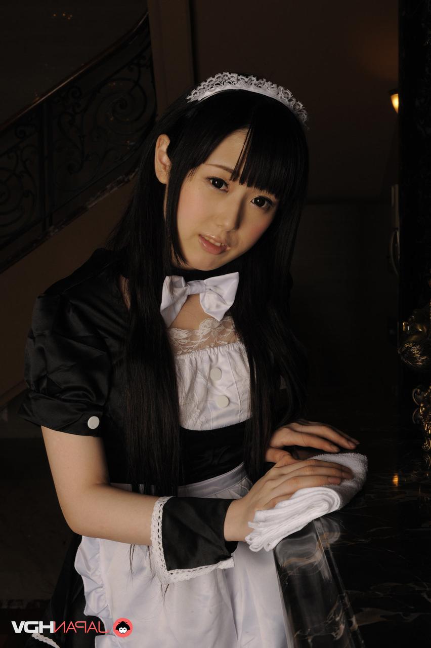 15P Adorable Japanese maid Machiko Ono shows her tight slit while at work