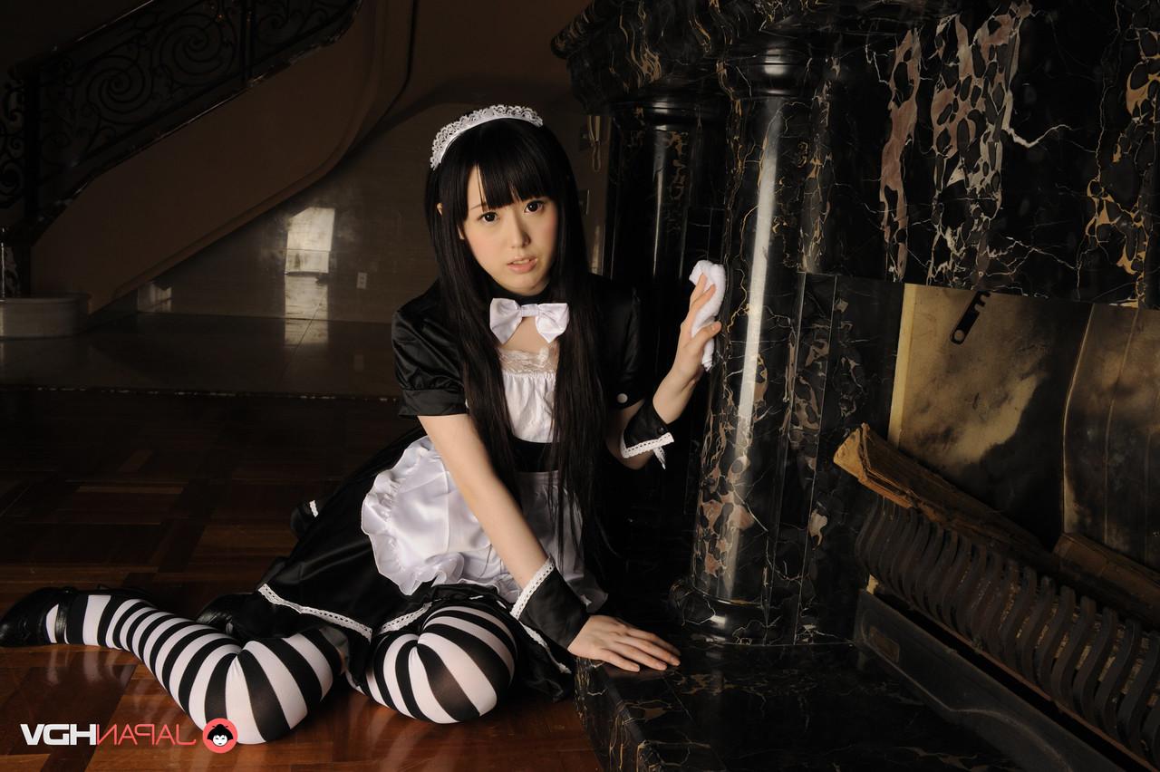 15P Adorable Japanese maid Machiko Ono shows her tight slit while at work
