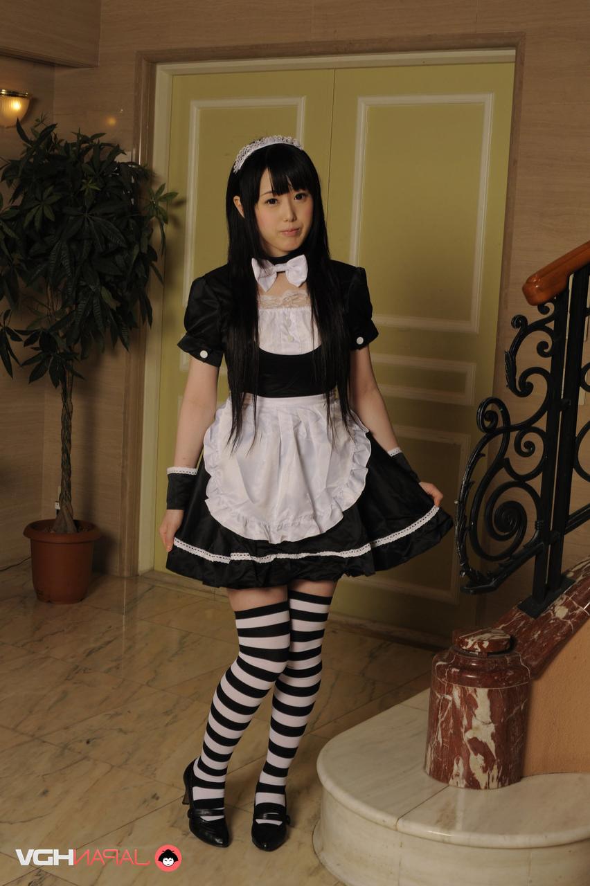 15P Adorable Japanese maid Machiko Ono shows her tight slit while at work
