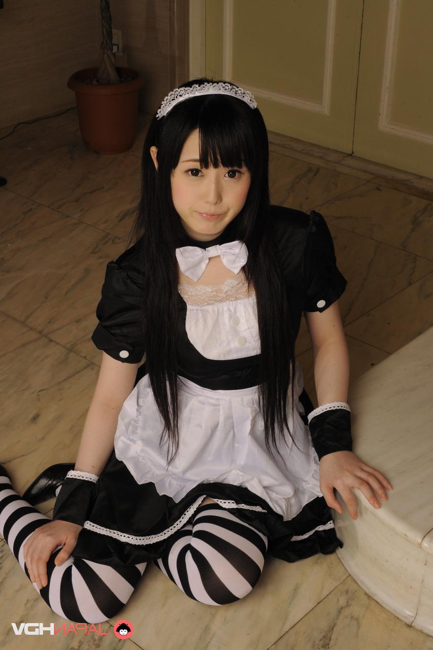 15P Adorable Japanese maid Machiko Ono shows her tight slit while at work