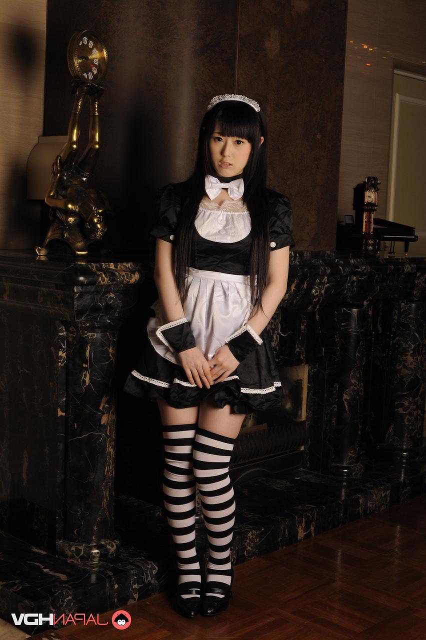 15P Adorable Japanese maid Machiko Ono shows her tight slit while at work