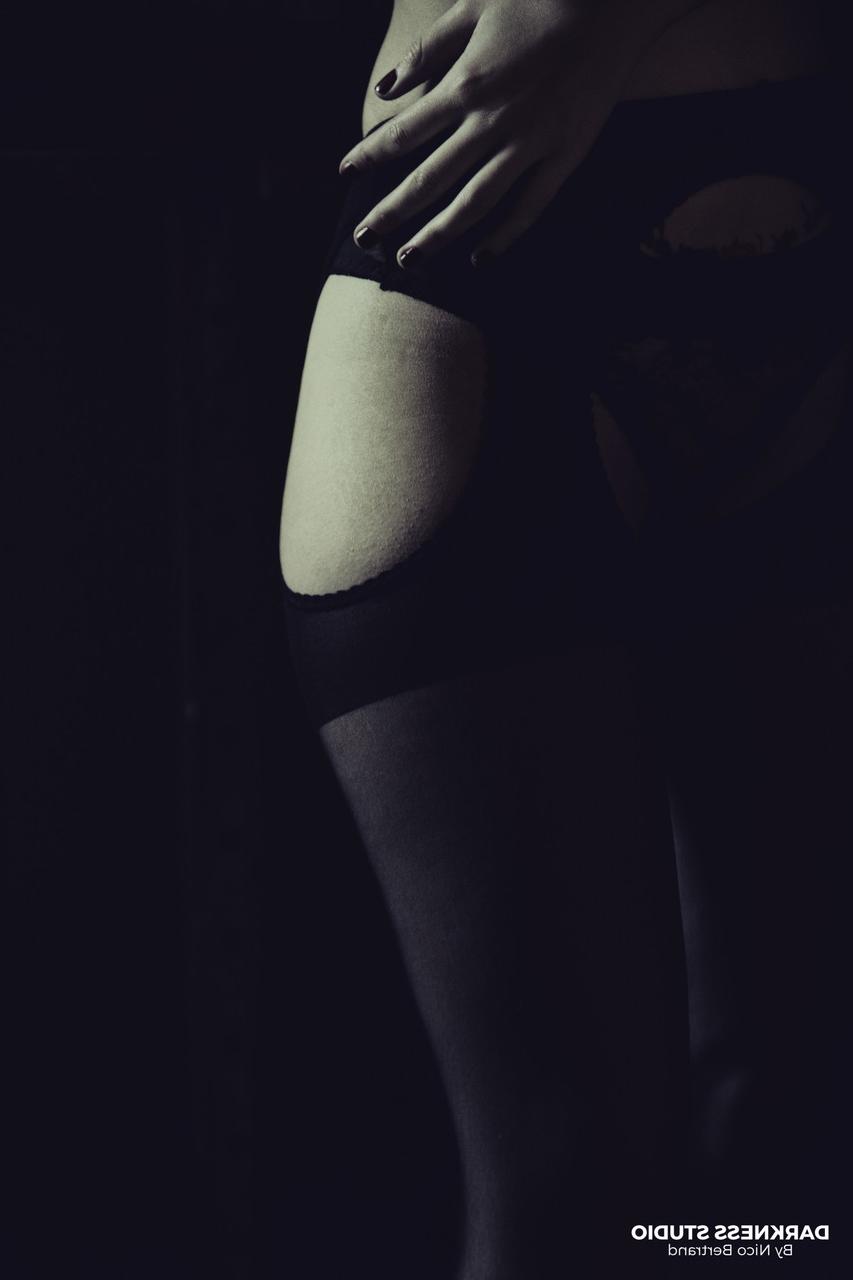 18P Solo model Margout Darko poses for a black and white shoot in crotchless hose