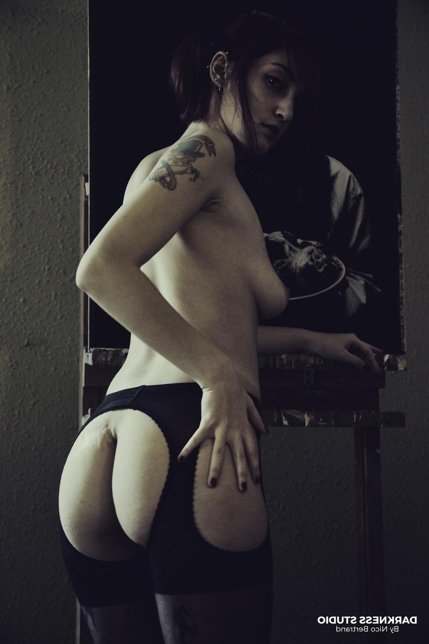 18P Solo model Margout Darko poses for a black and white shoot in crotchless hose