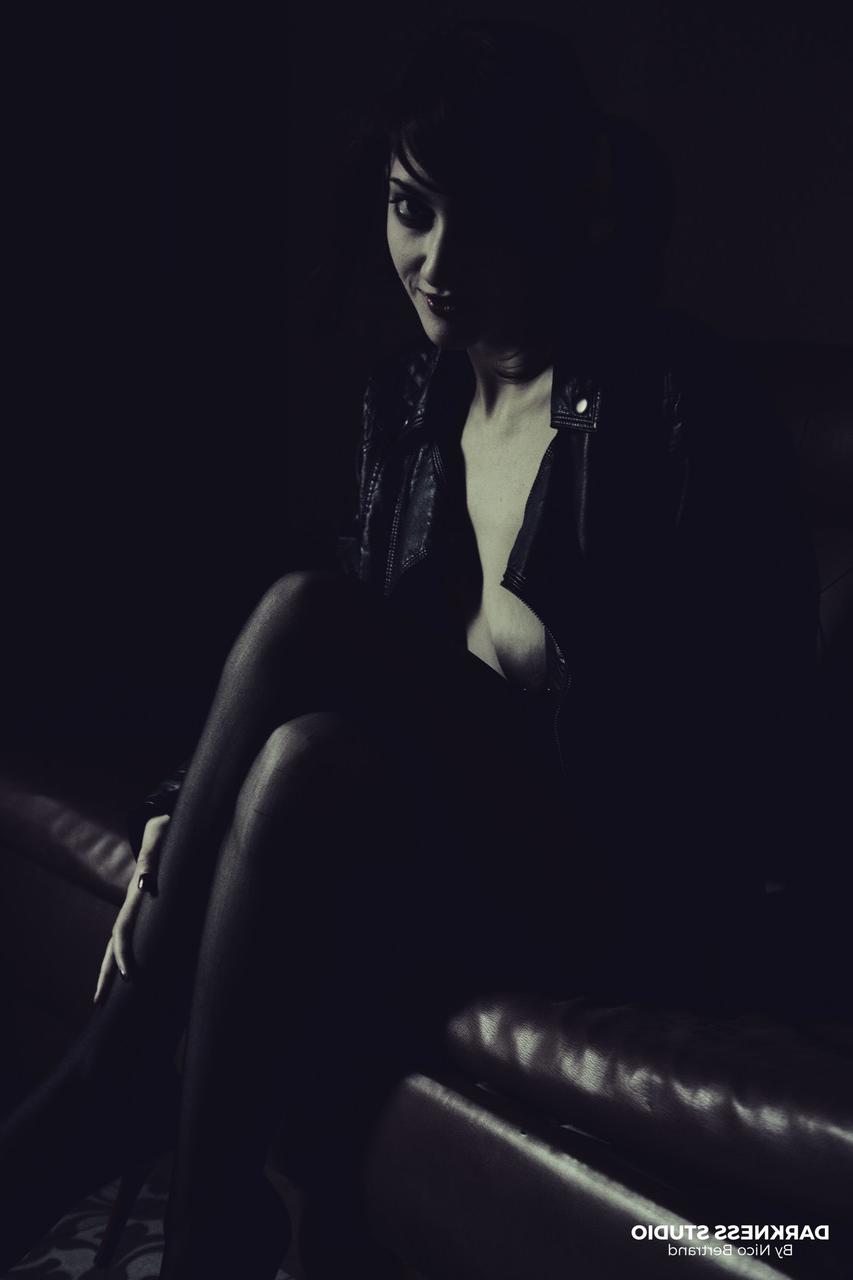 18P Solo model Margout Darko poses for a black and white shoot in crotchless hose